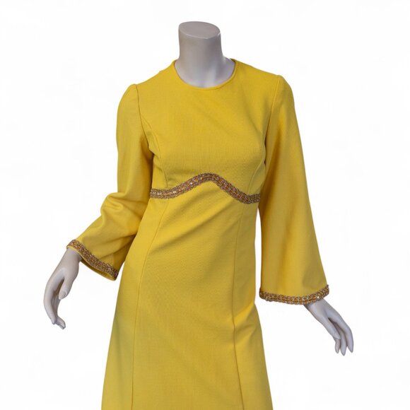 Vintage 1960s Goldenrod Yellow Maxi Dress with Metallic Gold Trim * Medium - Picture 3 of 10